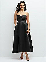 Front View Thumbnail - Black Draped Bodice Strapless Satin Midi Dress with Full Circle Skirt