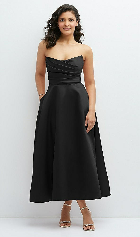 Front View - Black Draped Bodice Strapless Satin Midi Dress with Full Circle Skirt