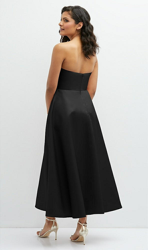 Back View - Black Draped Bodice Strapless Satin Midi Dress with Full Circle Skirt