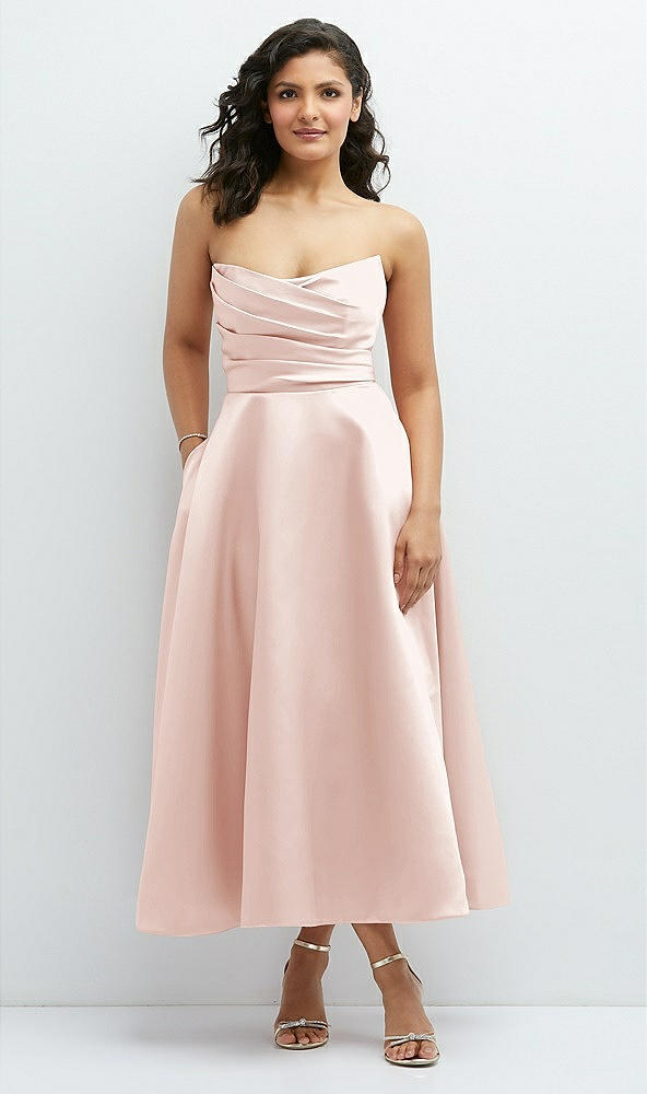 Front View - Blush Draped Bodice Strapless Satin Midi Dress with Full Circle Skirt