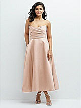 Front View Thumbnail - Cameo Draped Bodice Strapless Satin Midi Dress with Full Circle Skirt