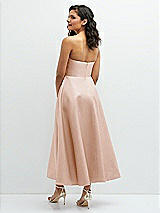 Rear View Thumbnail - Cameo Draped Bodice Strapless Satin Midi Dress with Full Circle Skirt