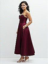 Side View Thumbnail - Cabernet Draped Bodice Strapless Satin Midi Dress with Full Circle Skirt