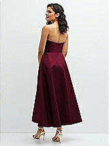 Rear View Thumbnail - Cabernet Draped Bodice Strapless Satin Midi Dress with Full Circle Skirt