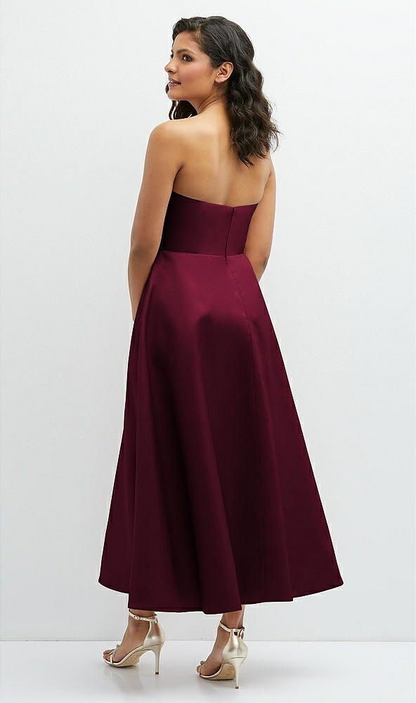 Back View - Cabernet Draped Bodice Strapless Satin Midi Dress with Full Circle Skirt