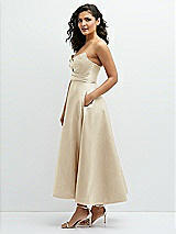 Side View Thumbnail - Champagne Draped Bodice Strapless Satin Midi Dress with Full Circle Skirt