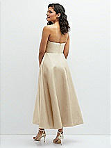 Rear View Thumbnail - Champagne Draped Bodice Strapless Satin Midi Dress with Full Circle Skirt