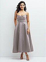 Front View Thumbnail - Cashmere Gray Draped Bodice Strapless Satin Midi Dress with Full Circle Skirt