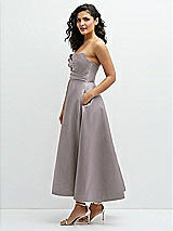 Side View Thumbnail - Cashmere Gray Draped Bodice Strapless Satin Midi Dress with Full Circle Skirt