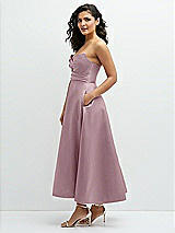 Side View Thumbnail - Dusty Rose Draped Bodice Strapless Satin Midi Dress with Full Circle Skirt