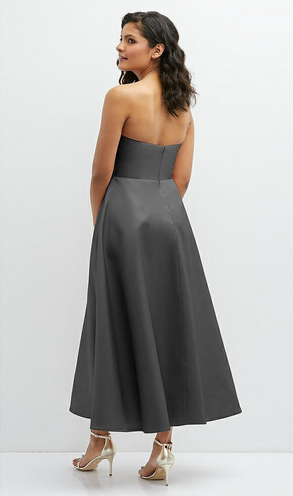 Back View - Gunmetal Draped Bodice Strapless Satin Midi Dress with Full Circle Skirt