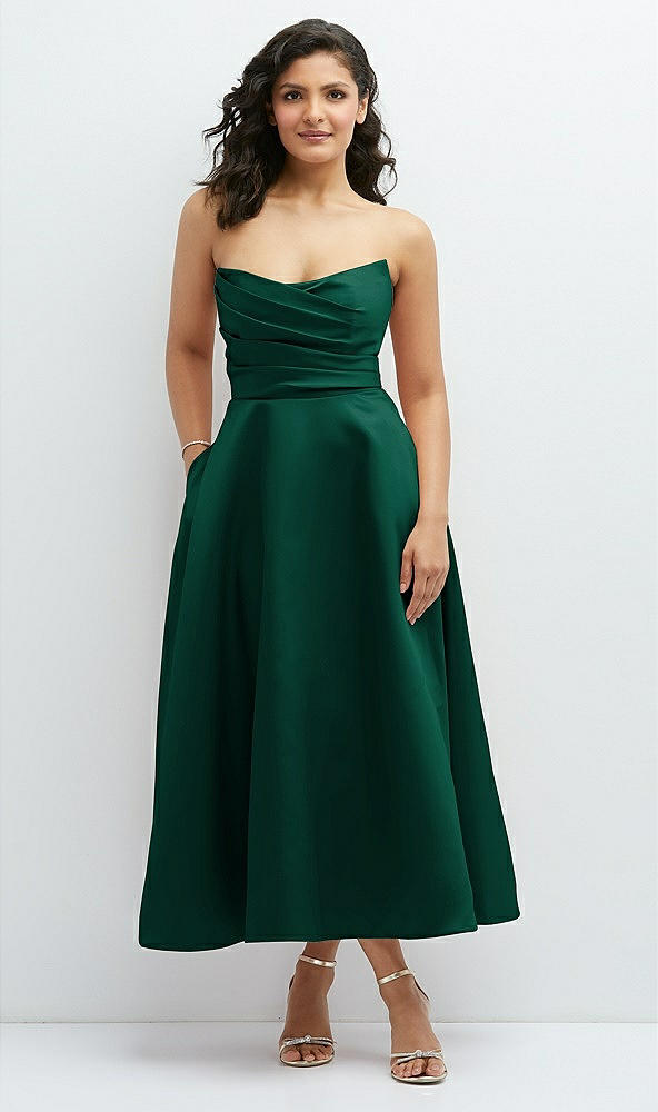 Front View - Hunter Green Draped Bodice Strapless Satin Midi Dress with Full Circle Skirt