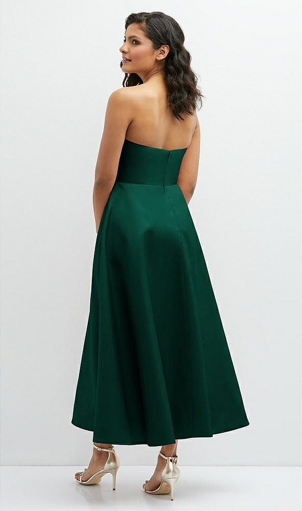 Back View - Hunter Green Draped Bodice Strapless Satin Midi Dress with Full Circle Skirt