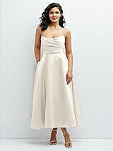 Front View Thumbnail - Ivory Draped Bodice Strapless Satin Midi Dress with Full Circle Skirt