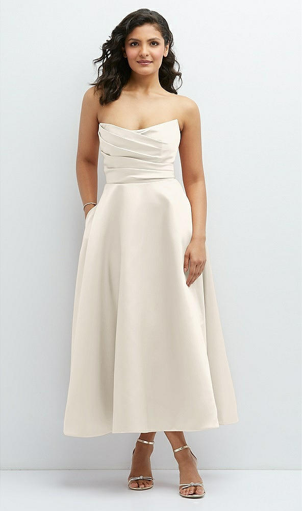 Front View - Ivory Draped Bodice Strapless Satin Midi Dress with Full Circle Skirt