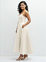 Side View Thumbnail - Ivory Draped Bodice Strapless Satin Midi Dress with Full Circle Skirt