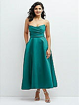 Front View Thumbnail - Jade Draped Bodice Strapless Satin Midi Dress with Full Circle Skirt