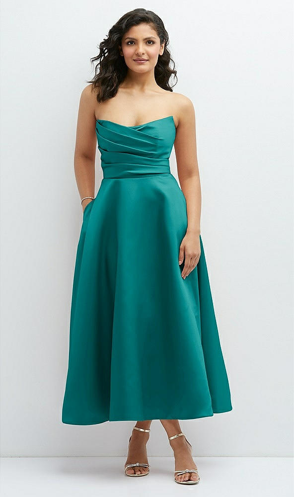 Front View - Jade Draped Bodice Strapless Satin Midi Dress with Full Circle Skirt