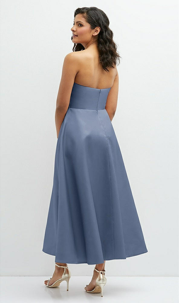 Back View - Larkspur Blue Draped Bodice Strapless Satin Midi Dress with Full Circle Skirt