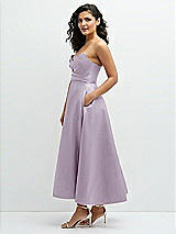 Side View Thumbnail - Lilac Haze Draped Bodice Strapless Satin Midi Dress with Full Circle Skirt