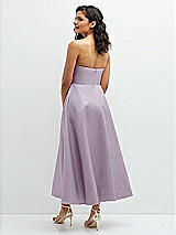 Rear View Thumbnail - Lilac Haze Draped Bodice Strapless Satin Midi Dress with Full Circle Skirt