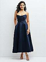 Front View Thumbnail - Midnight Navy Draped Bodice Strapless Satin Midi Dress with Full Circle Skirt