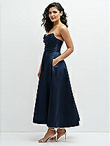 Side View Thumbnail - Midnight Navy Draped Bodice Strapless Satin Midi Dress with Full Circle Skirt