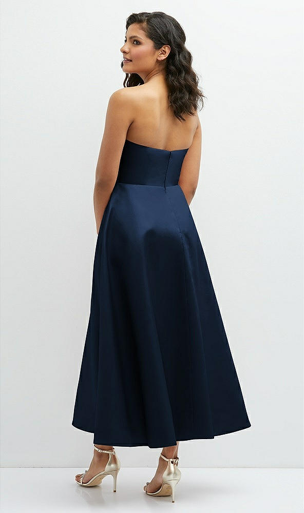 Back View - Midnight Navy Draped Bodice Strapless Satin Midi Dress with Full Circle Skirt