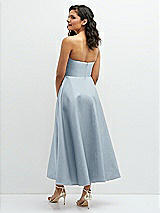 Rear View Thumbnail - Mist Draped Bodice Strapless Satin Midi Dress with Full Circle Skirt