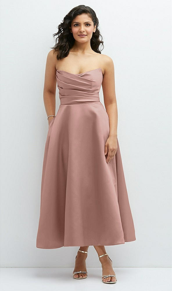 Front View - Neu Nude Draped Bodice Strapless Satin Midi Dress with Full Circle Skirt