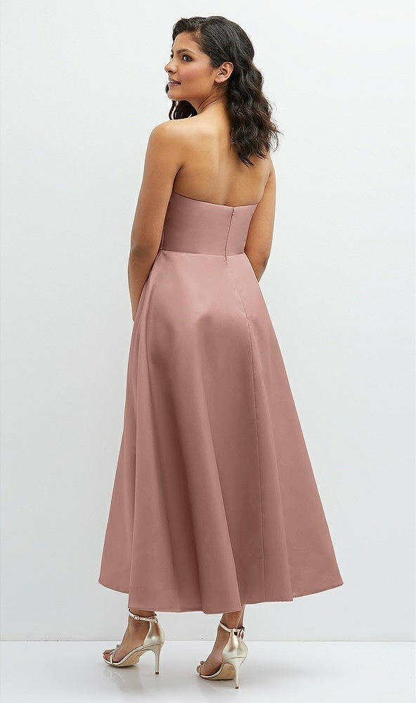 Back View - Neu Nude Draped Bodice Strapless Satin Midi Dress with Full Circle Skirt