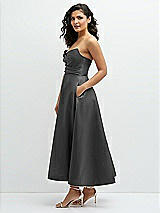 Side View Thumbnail - Pewter Draped Bodice Strapless Satin Midi Dress with Full Circle Skirt