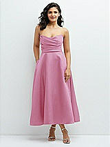 Front View Thumbnail - Powder Pink Draped Bodice Strapless Satin Midi Dress with Full Circle Skirt