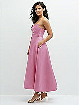 Side View Thumbnail - Powder Pink Draped Bodice Strapless Satin Midi Dress with Full Circle Skirt