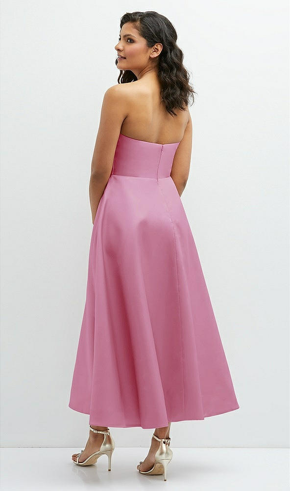 Back View - Powder Pink Draped Bodice Strapless Satin Midi Dress with Full Circle Skirt