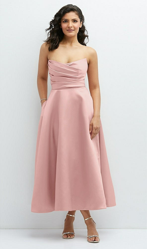 Front View - Rose - PANTONE Rose Quartz Draped Bodice Strapless Satin Midi Dress with Full Circle Skirt