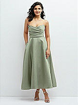 Front View Thumbnail - Sage Draped Bodice Strapless Satin Midi Dress with Full Circle Skirt