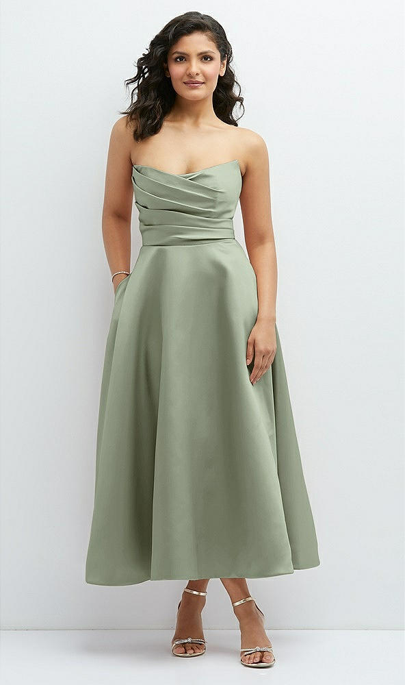 Front View - Sage Draped Bodice Strapless Satin Midi Dress with Full Circle Skirt