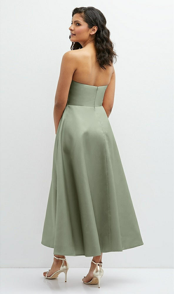 Back View - Sage Draped Bodice Strapless Satin Midi Dress with Full Circle Skirt