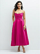 Front View Thumbnail - Think Pink Draped Bodice Strapless Satin Midi Dress with Full Circle Skirt