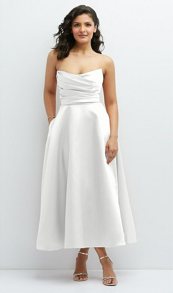 Front View - White Draped Bodice Strapless Satin Midi Dress with Full Circle Skirt