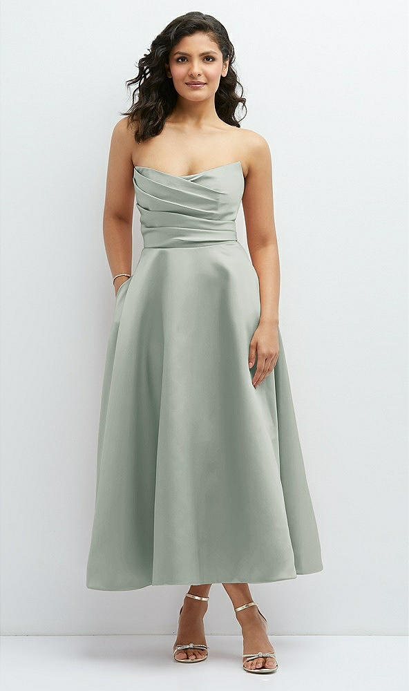 Front View - Willow Green Draped Bodice Strapless Satin Midi Dress with Full Circle Skirt