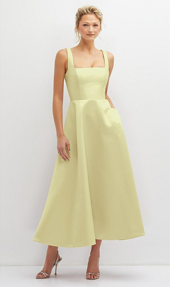 Front View - Butter Yellow Square Neck Satin Midi Dress with Full Skirt & Pockets