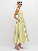 Side View Thumbnail - Butter Yellow Square Neck Satin Midi Dress with Full Skirt & Pockets