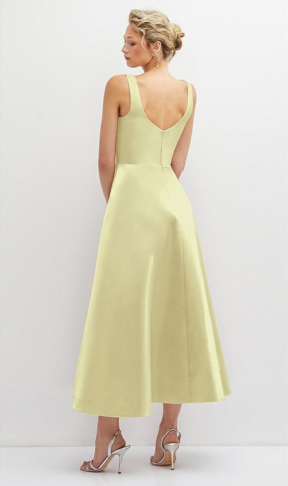 Back View - Butter Yellow Square Neck Satin Midi Dress with Full Skirt & Pockets