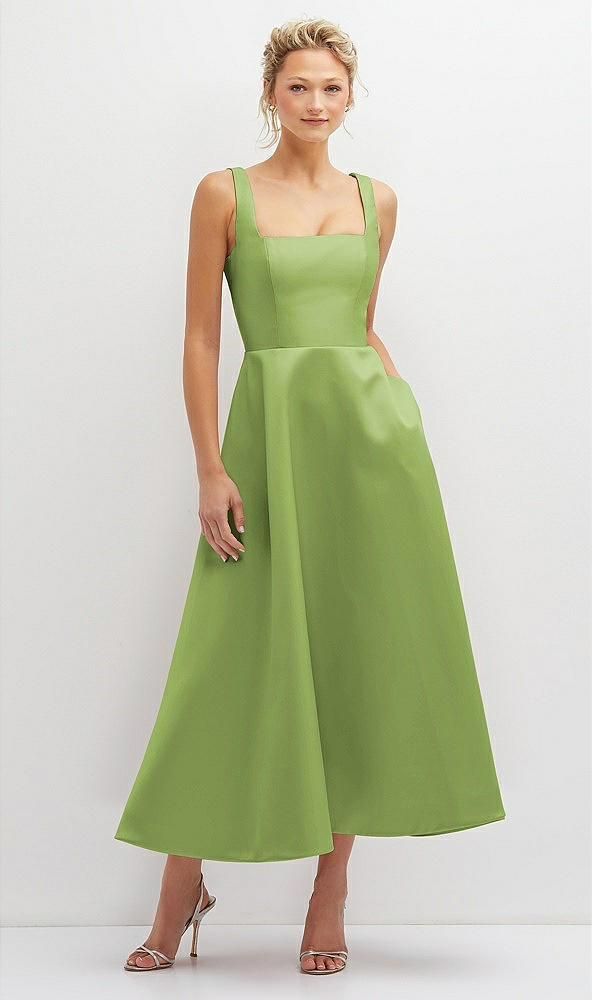 Front View - Mojito Square Neck Satin Midi Dress with Full Skirt & Pockets