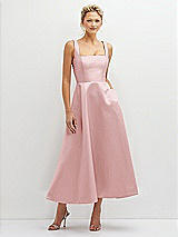 Front View Thumbnail - Ballet Pink Square Neck Satin Midi Dress with Full Skirt & Pockets