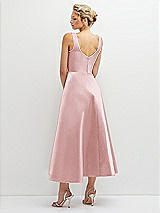 Rear View Thumbnail - Ballet Pink Square Neck Satin Midi Dress with Full Skirt & Pockets