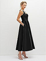 Side View Thumbnail - Black Square Neck Satin Midi Dress with Full Skirt & Pockets