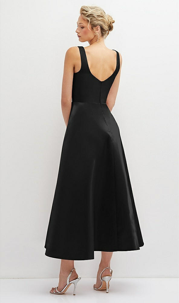 Back View - Black Square Neck Satin Midi Dress with Full Skirt & Pockets